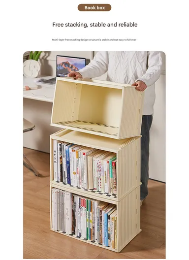 Portable Folding Plastic Bookcase, Stackable Storage Shelf, Quick Assembly Organizer with Wheels GX-2611 - Cream