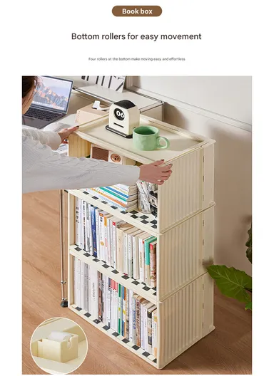 Portable Folding Plastic Bookcase, Stackable Storage Shelf, Quick Assembly Organizer with Wheels GX-2611 - Cream