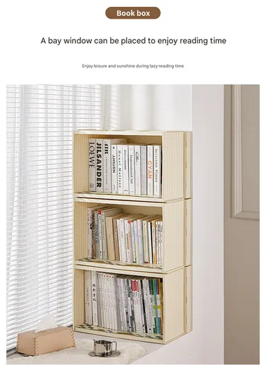 Portable Folding Plastic Bookcase, Stackable Storage Shelf, Quick Assembly Organizer with Wheels GX-2611 - Cream