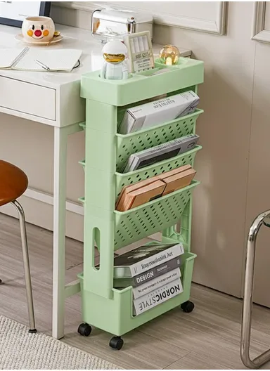 5-Tier Slim Vertical Bookshelf Storage Cart on Wheels, Rolling File Organizer for Home or Office (W39 x D17 x H80)cm GX-2606 - Green