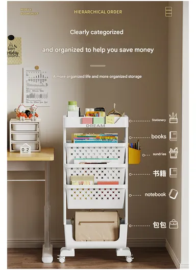 5-Tier Slim Vertical Bookshelf Storage Cart on Wheels, Rolling File Organizer for Home or Office (W39 x D17 x H80)cm GX-2606 - Green