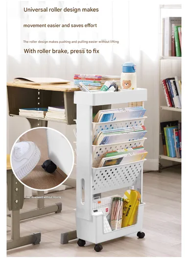 5-Tier Slim Vertical Bookshelf Storage Cart on Wheels, Rolling File Organizer for Home or Office (W39 x D17 x H80)cm GX-2606 - Green