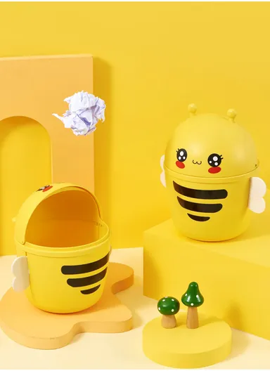 Cartoon Bee Desktop Trash Can with Flip Lid, Mini Table Dustbin for Home &amp; Office (D15 x H20)cm