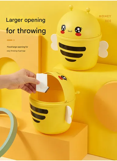 Cartoon Bee Desktop Trash Can with Flip Lid, Mini Table Dustbin for Home &amp; Office (D15 x H20)cm