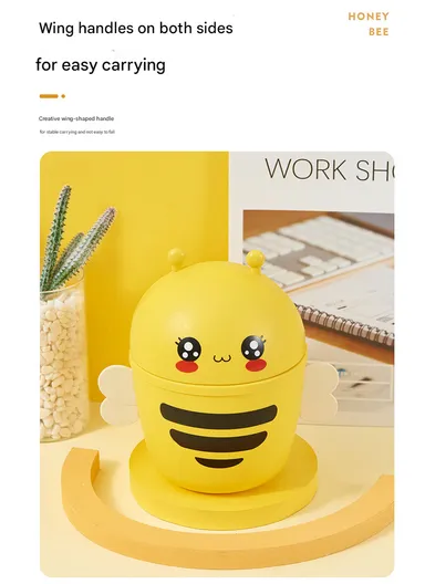 Cartoon Bee Desktop Trash Can with Flip Lid, Mini Table Dustbin for Home &amp; Office (D15 x H20)cm