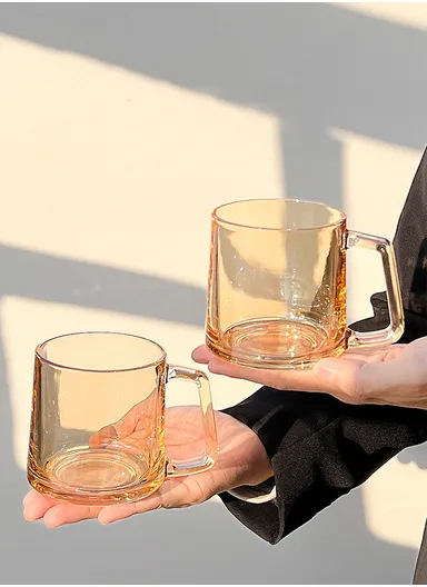 2-Pcs 360ml Elegant Hot &amp; Cold Beverages Glass Cups Set with Handle FXKP - Amber