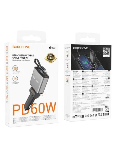 60W Smart PD Dual USB-C Charger with 80cm Extension Cable BZ33