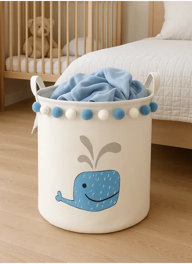 Foldable Laundry Basket for Dirty Clothes for Kids Baby Toys Canvas Wasmand Storage Hamper Home Organizer (D35 x H40)cm - Dolphin
