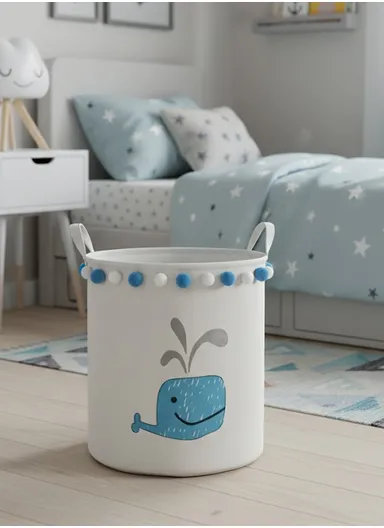 Foldable Laundry Basket for Dirty Clothes for Kids Baby Toys Canvas Wasmand Storage Hamper Home Organizer (D35 x H40)cm - Dolphin