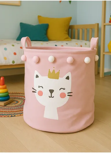 Foldable Laundry Basket for Dirty Clothes for Kids Baby Toys Canvas Wasmand Storage Hamper Home Organizer (D35 x H40)cm - Cat