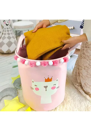 Foldable Laundry Basket for Dirty Clothes for Kids Baby Toys Canvas Wasmand Storage Hamper Home Organizer (D35 x H40)cm - Cat