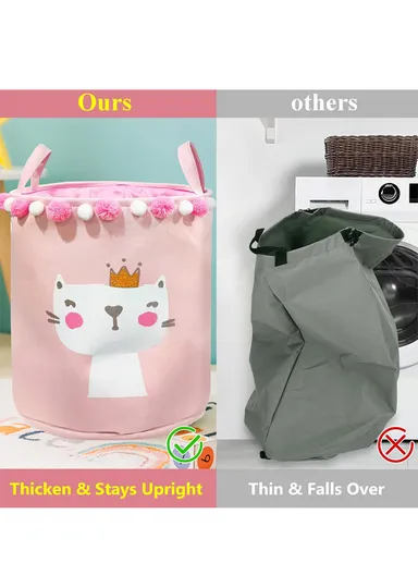 Foldable Laundry Basket for Dirty Clothes for Kids Baby Toys Canvas Wasmand Storage Hamper Home Organizer (D35 x H40)cm - Cat