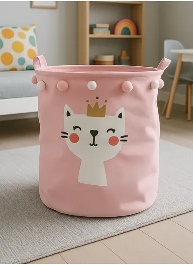 Foldable Laundry Basket for Dirty Clothes for Kids Baby Toys Canvas Wasmand Storage Hamper Home Organizer (D35 x H40)cm - Cat