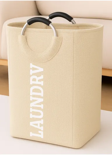 45L Laundry Basket Storage Bin Dirty Imitation EVA Linen &amp; Aluminum Ring Handle (L35 x W25 x H48)cm - Beige