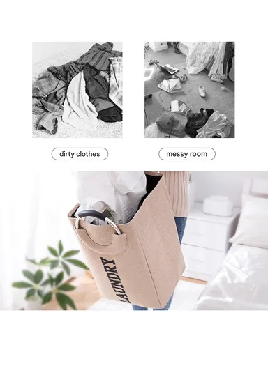 45L Laundry Basket Storage Bin Dirty Imitation EVA Linen &amp; Aluminum Ring Handle (L35 x W25 x H48)cm - Beige