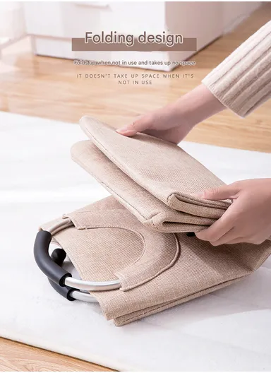 45L Laundry Basket Storage Bin Dirty Imitation EVA Linen &amp; Aluminum Ring Handle (L35 x W25 x H48)cm - Beige