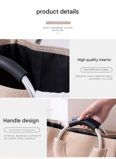 45L Laundry Basket Storage Bin Dirty Imitation EVA Linen &amp; Aluminum Ring Handle (L35 x W25 x H48)cm - Beige