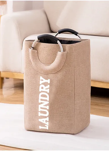 45L Laundry Basket Storage Bin Dirty Imitation EVA Linen &amp; Aluminum Ring Handle (L35 x W25 x H48)cm - Beige