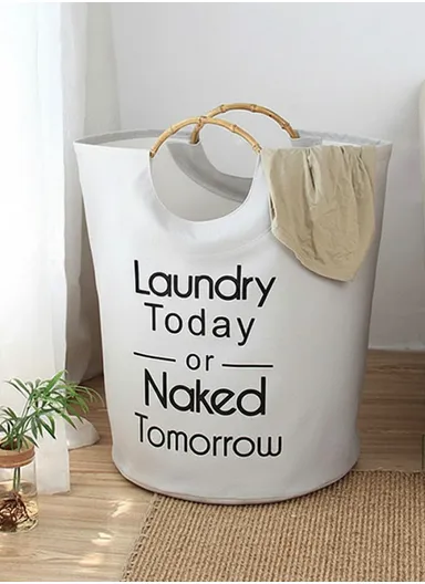Canvas Laundry Basket With Bamboo Handles (D40 × H50)cm - Grey