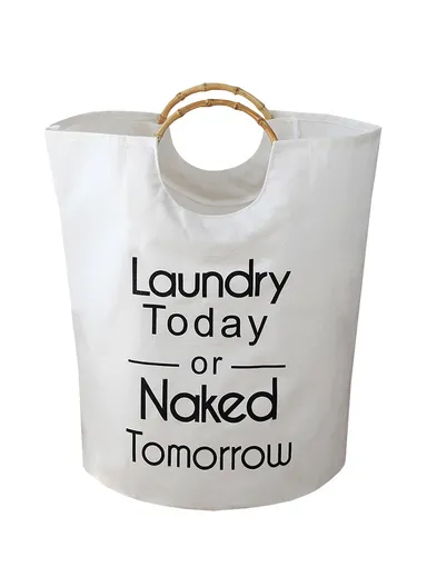 Canvas Laundry Basket With Bamboo Handles (D40 × H50)cm - Grey