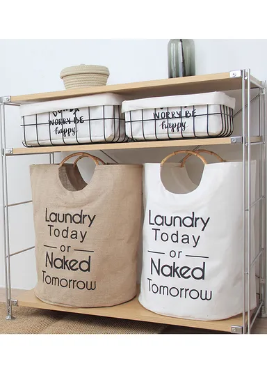 Canvas Laundry Basket With Bamboo Handles (D40 × H50)cm - Grey