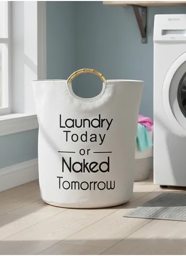 Canvas Laundry Basket With Bamboo Handles (D40 × H50)cm - Grey