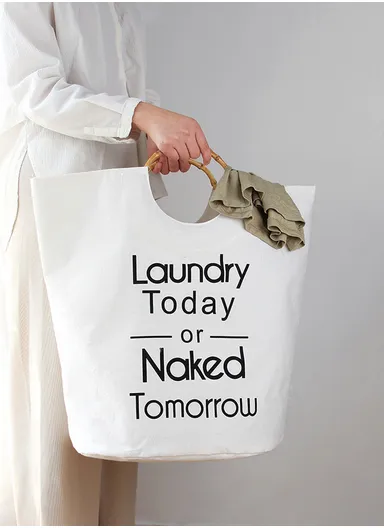 Canvas Laundry Basket With Bamboo Handles (D40 × H50)cm - Grey