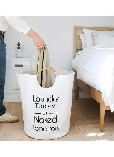 Canvas Laundry Basket With Bamboo Handles (D40 × H50)cm - Grey