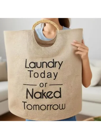 Canvas Laundry Basket With Bamboo Handles (D40×H50)cm - Brown