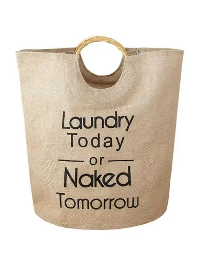 Canvas Laundry Basket With Bamboo Handles (D40×H50)cm - Brown