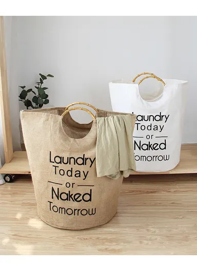Canvas Laundry Basket With Bamboo Handles (D40×H50)cm - Brown