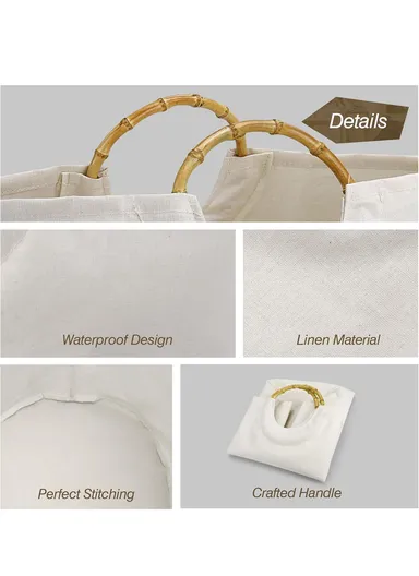 Canvas Laundry Basket With Bamboo Handles (D40×H50)cm - Brown