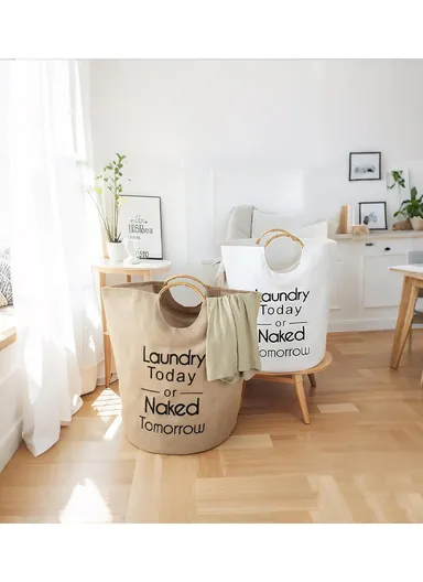 Canvas Laundry Basket With Bamboo Handles (D40×H50)cm - Brown