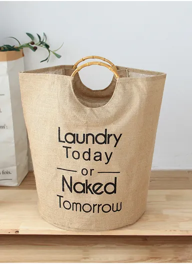 Canvas Laundry Basket With Bamboo Handles (D40×H50)cm - Brown