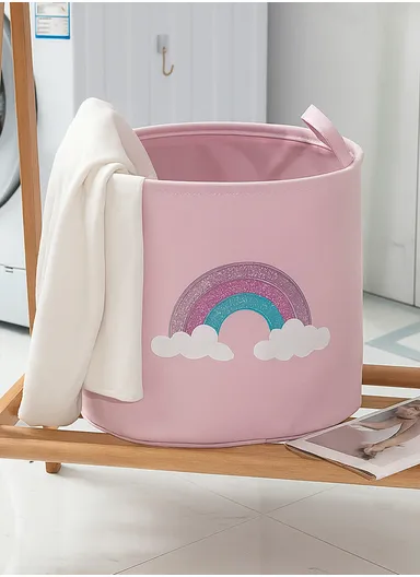 Rainbow Print Laundry Storage Barrel with Durable Handles (D35 × H40)cm – Pink