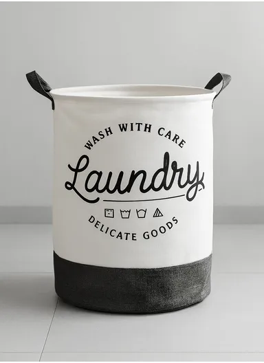 Round Fabric Laundry Hamper, Foldable Waterproof Storage Basket with Thick Cotton Handles (D35 x H45)cm - Black