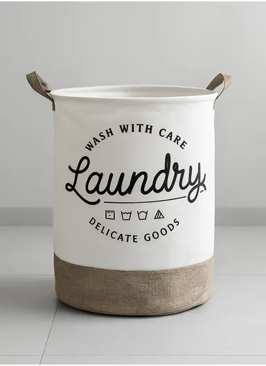 Round Fabric Laundry Hamper, Foldable Waterproof Storage Basket with Thick Cotton Handles (D35 x H45)cm - Brown