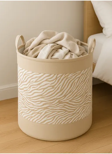 Round Fabric Laundry Hamper, Foldable Waterproof Storage Basket with Thick Cotton Handles (D35 x H40)cm - Zebra