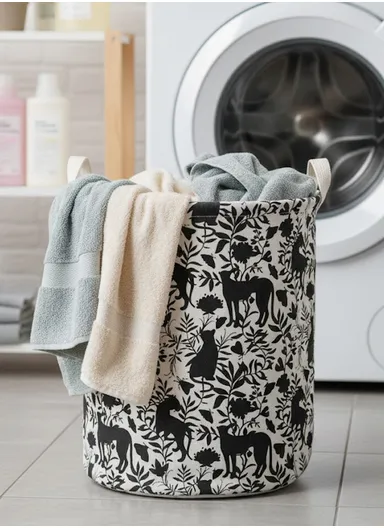 Stylish Full-Print Laundry Basket Large Capacity Polyester Hamper (D35 x H45)cm - Black &amp; White