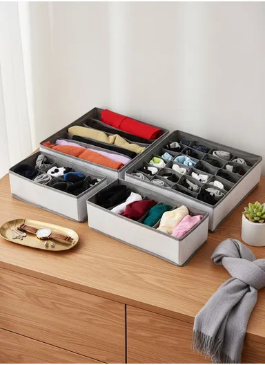 4Pcs / Set Brushed Fabric Storage Organizer Boxes with Divided Compartments for Clothes, Underwear &amp; Accessories – Grey &amp; White