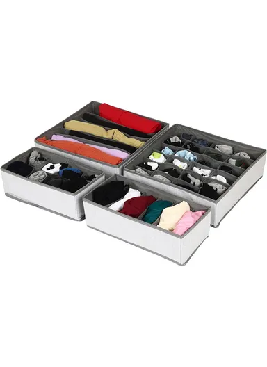 4Pcs / Set Brushed Fabric Storage Organizer Boxes with Divided Compartments for Clothes, Underwear &amp; Accessories – Grey &amp; White