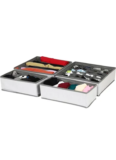 4Pcs / Set Brushed Fabric Storage Organizer Boxes with Divided Compartments for Clothes, Underwear &amp; Accessories – Grey &amp; White