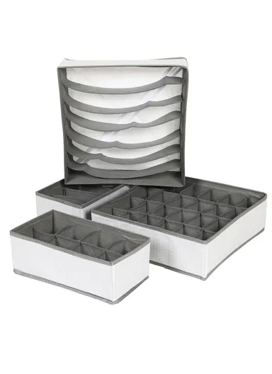 4Pcs / Set Brushed Fabric Storage Organizer Boxes with Divided Compartments for Clothes, Underwear &amp; Accessories – Grey &amp; White
