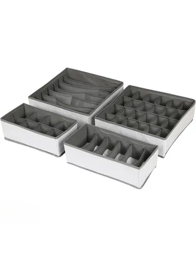 4Pcs / Set Brushed Fabric Storage Organizer Boxes with Divided Compartments for Clothes, Underwear &amp; Accessories – Grey &amp; White