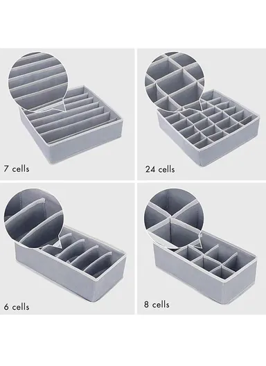 4Pcs / Set Brushed Fabric Storage Organizer Boxes with Divided Compartments for Clothes, Underwear &amp; Accessories – Grey &amp; White