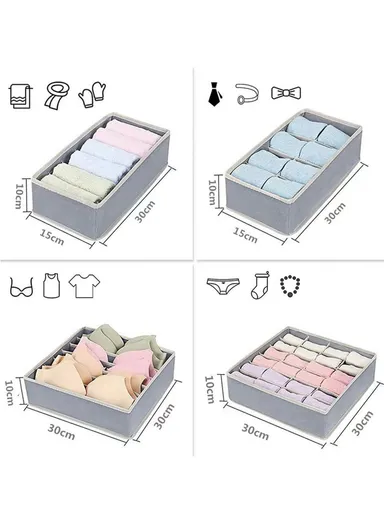 4Pcs / Set Brushed Fabric Storage Organizer Boxes with Divided Compartments for Clothes, Underwear &amp; Accessories – Grey &amp; White