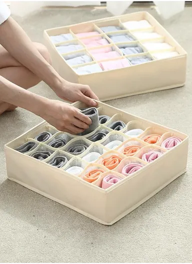 24-GRID Portable Durable &amp; Sturdy Oxford Cloth Storage Box, Multi-Purpose Storage Organizer Box (L31 x W31 x H10)cm - Beige