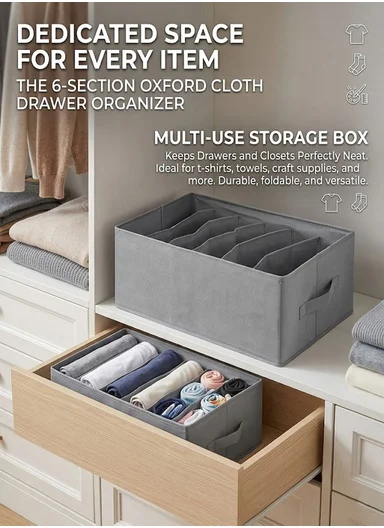 6-Section Oxford Cloth Drawer Organizer, Multi-Use Storage Box (L44 x W30 x H20)cm - Grey