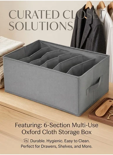 6-Section Oxford Cloth Drawer Organizer, Multi-Use Storage Box (L44 x W30 x H20)cm - Grey