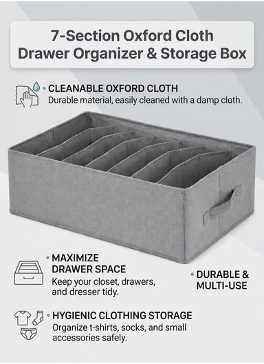 7-Section Oxford Cloth Drawer Organizer, Multi-Use Storage Box (L44 x W30 x H20)cm - Grey